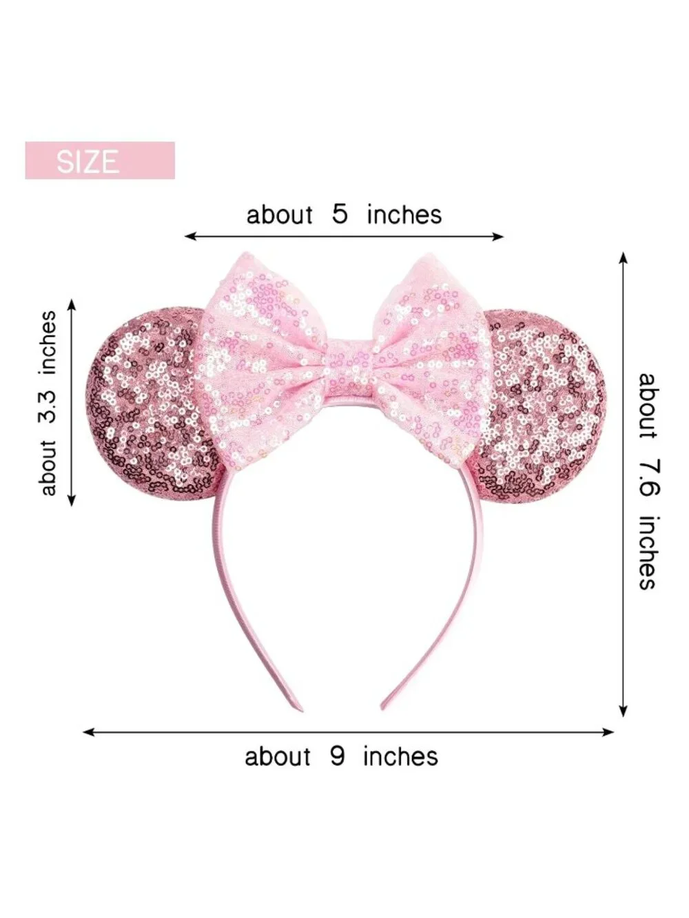 Women Sparkle Pink Polyester Sequins Mickey Mouse Hair Bow Handmade Headband